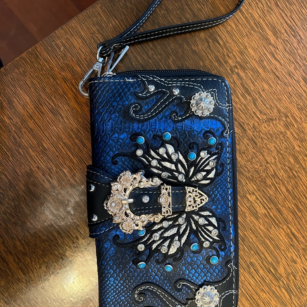Blue and Black Embroidered Wallet